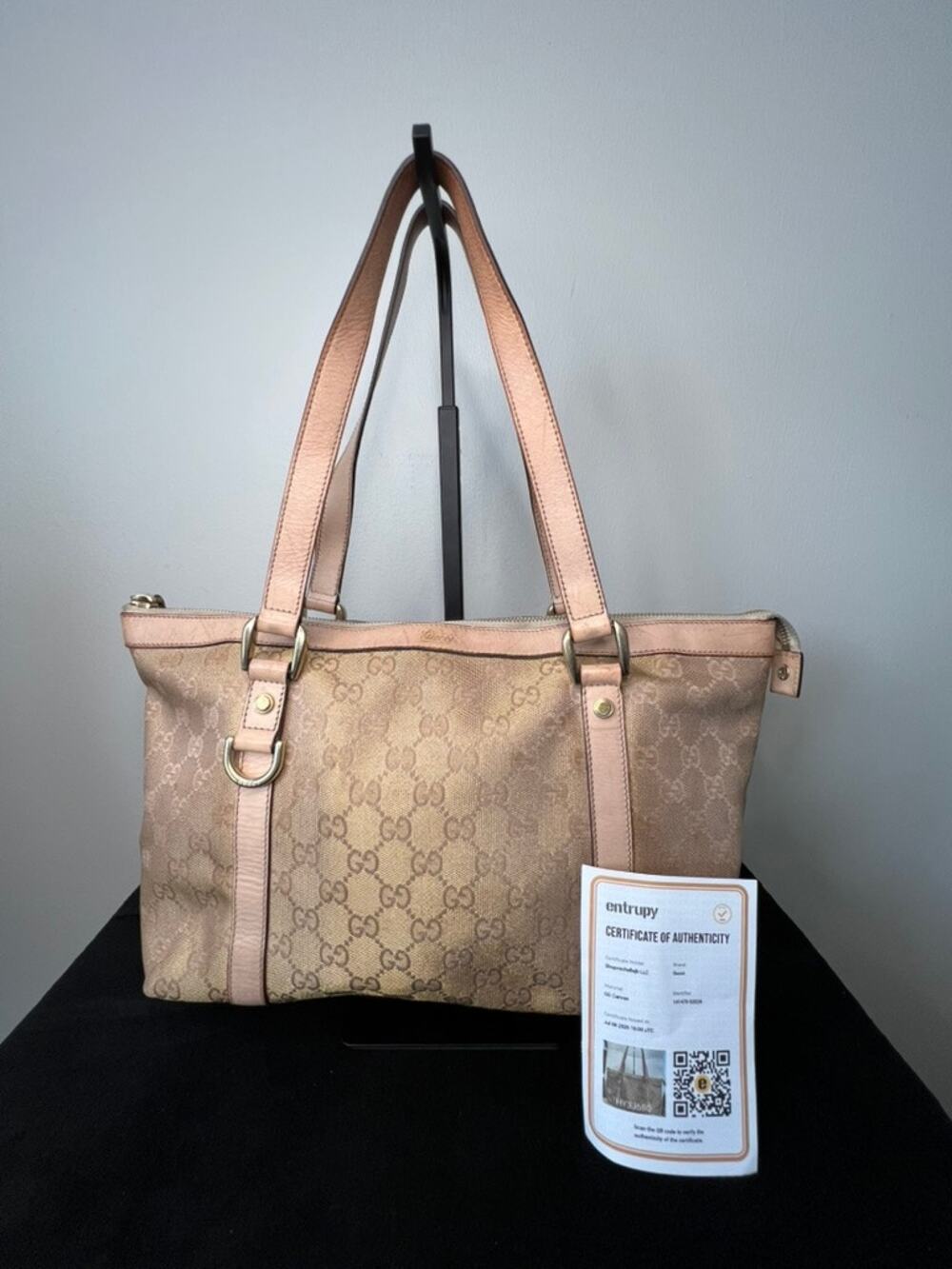 Gucci Abbey GG Canvas Pink Leather Zip Tote Shoulder Bag Auth 141470